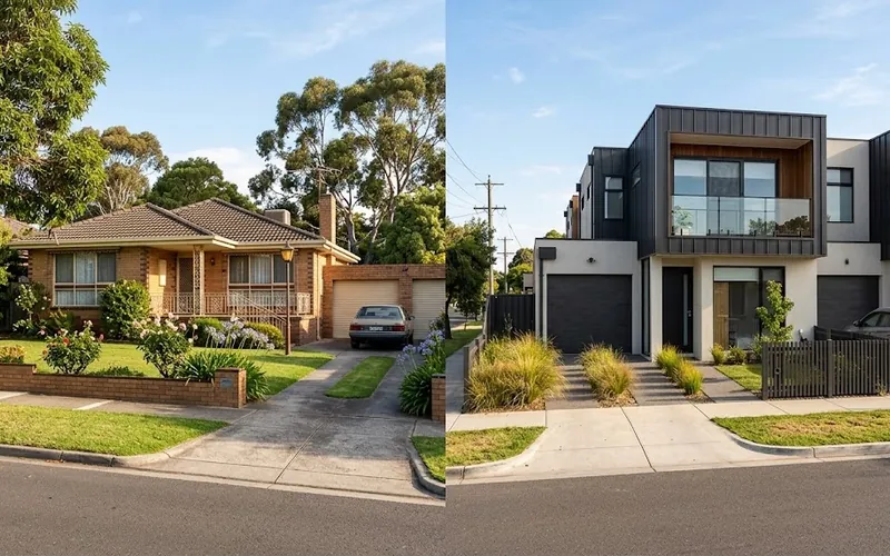 Side-by-side comparison of an established brick home and a new modern townhouse